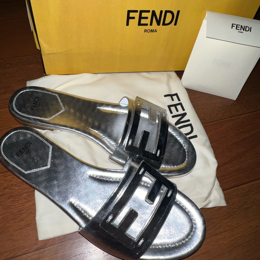 Fendi baguette slippers/ slides AUTHENTIC silver Brand New!